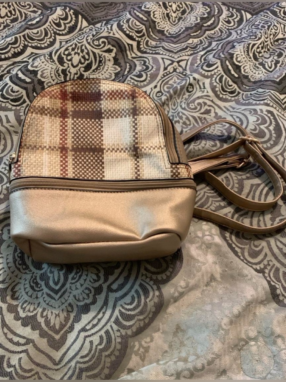 Plaid Accent Mini Backpack - Metallic Brown